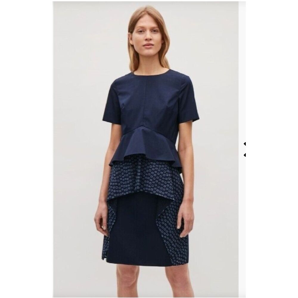 COS Peplum Eyelet Dress cotton navy blue short sleeves knee length Size 38 Small